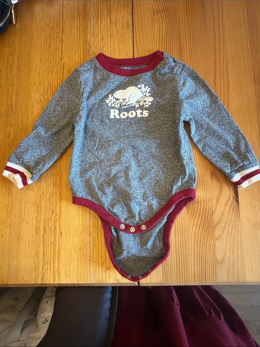 Roots Gray & Maroon Long-Sleeve Baby One-Piece Bodysuit